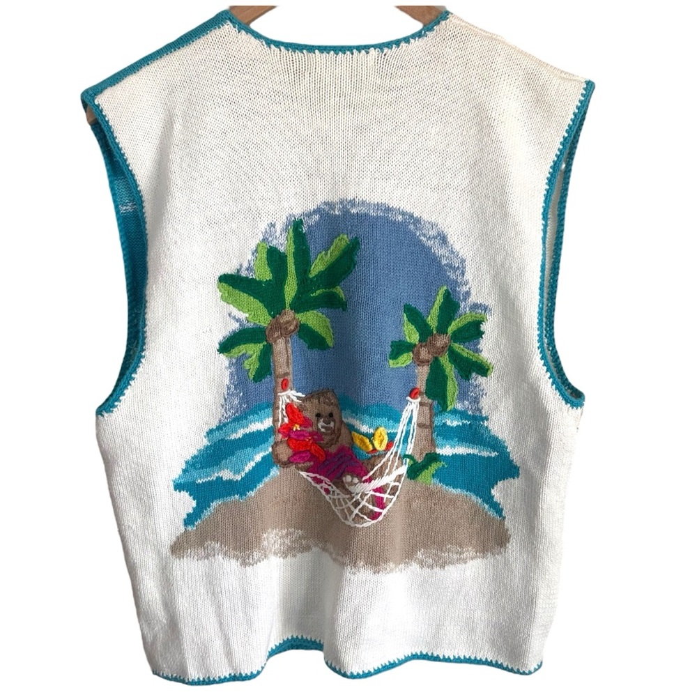 Lauren Hansen Hawaiian Beach Tropical Bear Hula Luau Sweater Vest Size Large - Picture 3 of 8